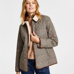 LRL Ralph Lauren Faux-Sherpa Collar Quilted Box Houndstooth Plaid Coat Size M
